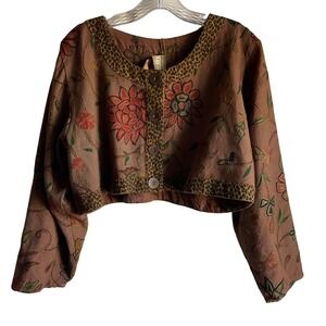 VTG U.R.U. USA Embroidered Floral Jacket One Size Boho‎ Art to Wear Leopard Trim